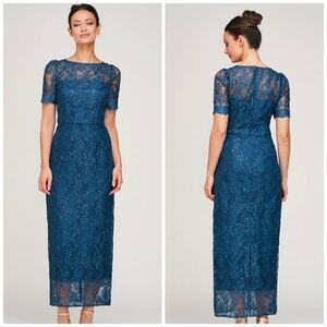 🔹️JS COLLECTIONS 🔹️deep Teal Abbie Column Short Sleeve Tea-length Lace Gown